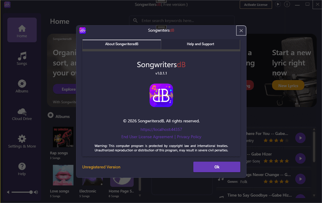 SongwritersdB screen