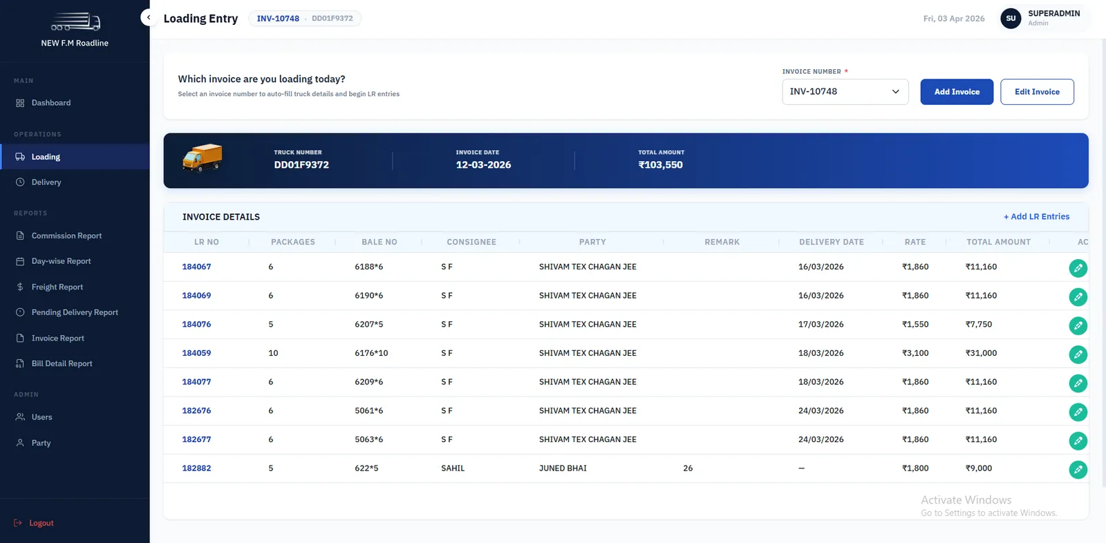 FM Roadlines Admin Portal screen 2