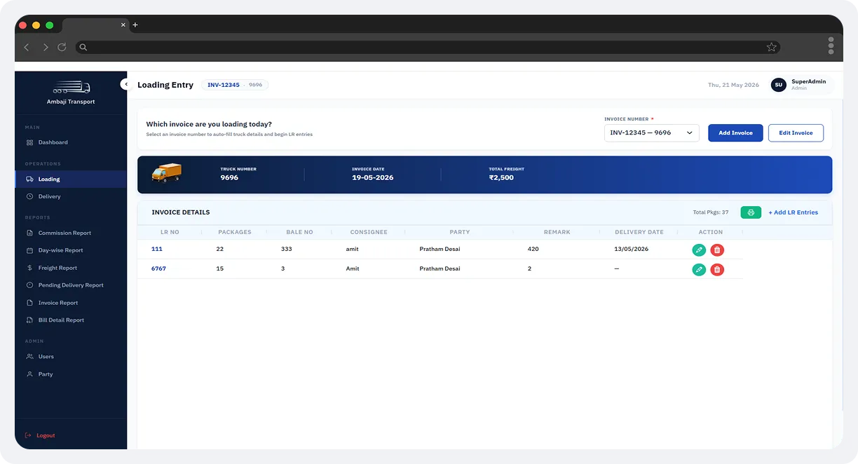 Ambaji Transport Admin Portal screen 3