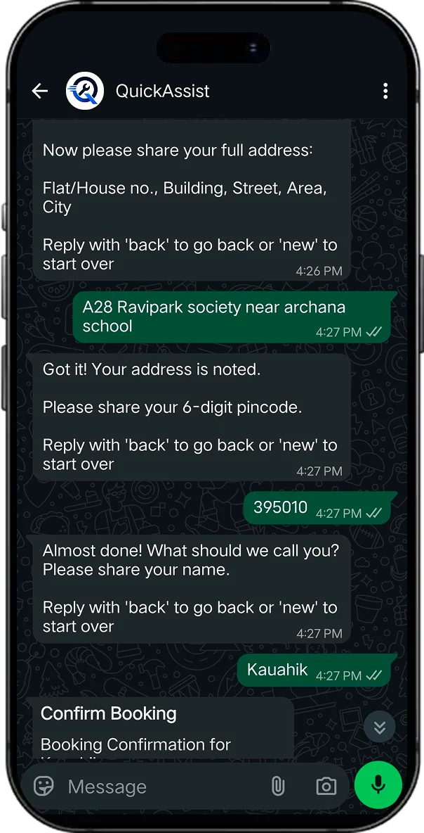 QuickAssist – WhatsApp Service Booking System screen 2