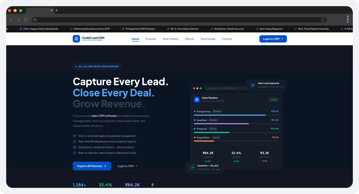 CodeX Lead CRM – Enterprise B2B Sales, Lead & Revenue Management Platform screen 1