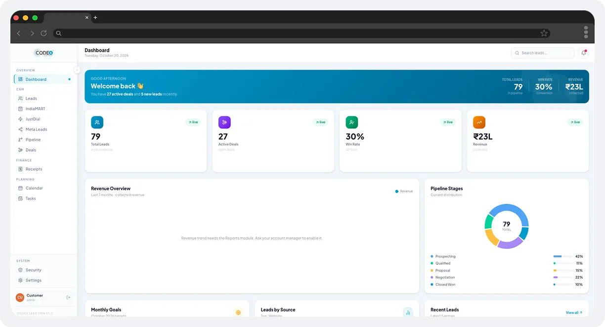 CodeX Lead CRM – Enterprise B2B Sales, Lead & Revenue Management Platform screen 3